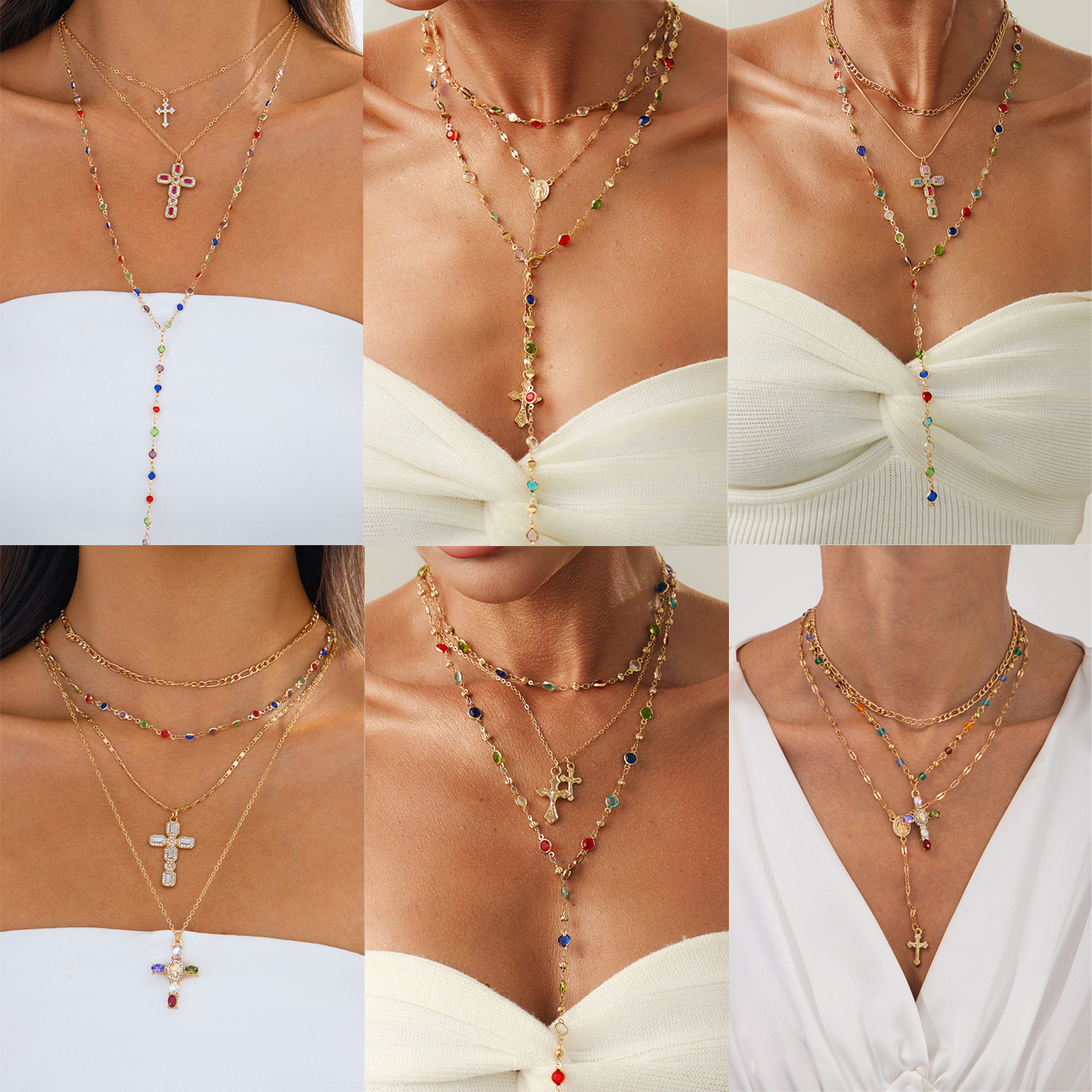 European and American cross-border fashion Y-shaped tassel necklace, women's creative color double-layer cross pendant collarbone chain accessory full figure