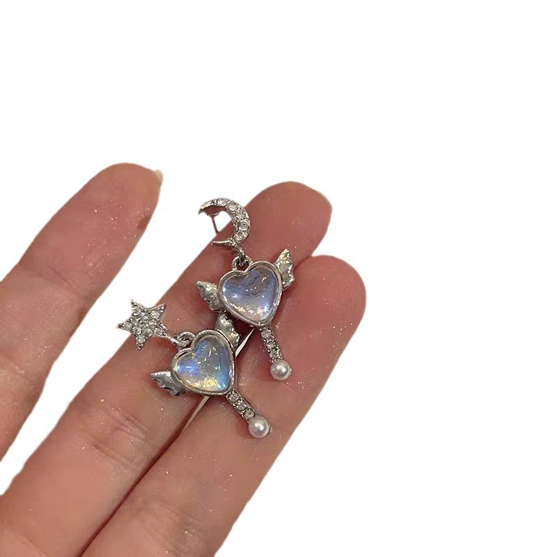Iridescent heart Angel Wing ear studs Star Moon Asymmetrical ins water style Niche design high-end earrings Item Picture