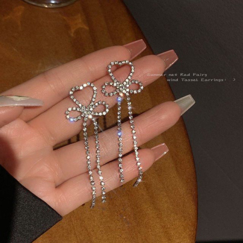 Light luxury water diamond bow tassel earrings, women's summer super fairy-like long stud earrings, exquisite Korean-style chic niche earrings full figure