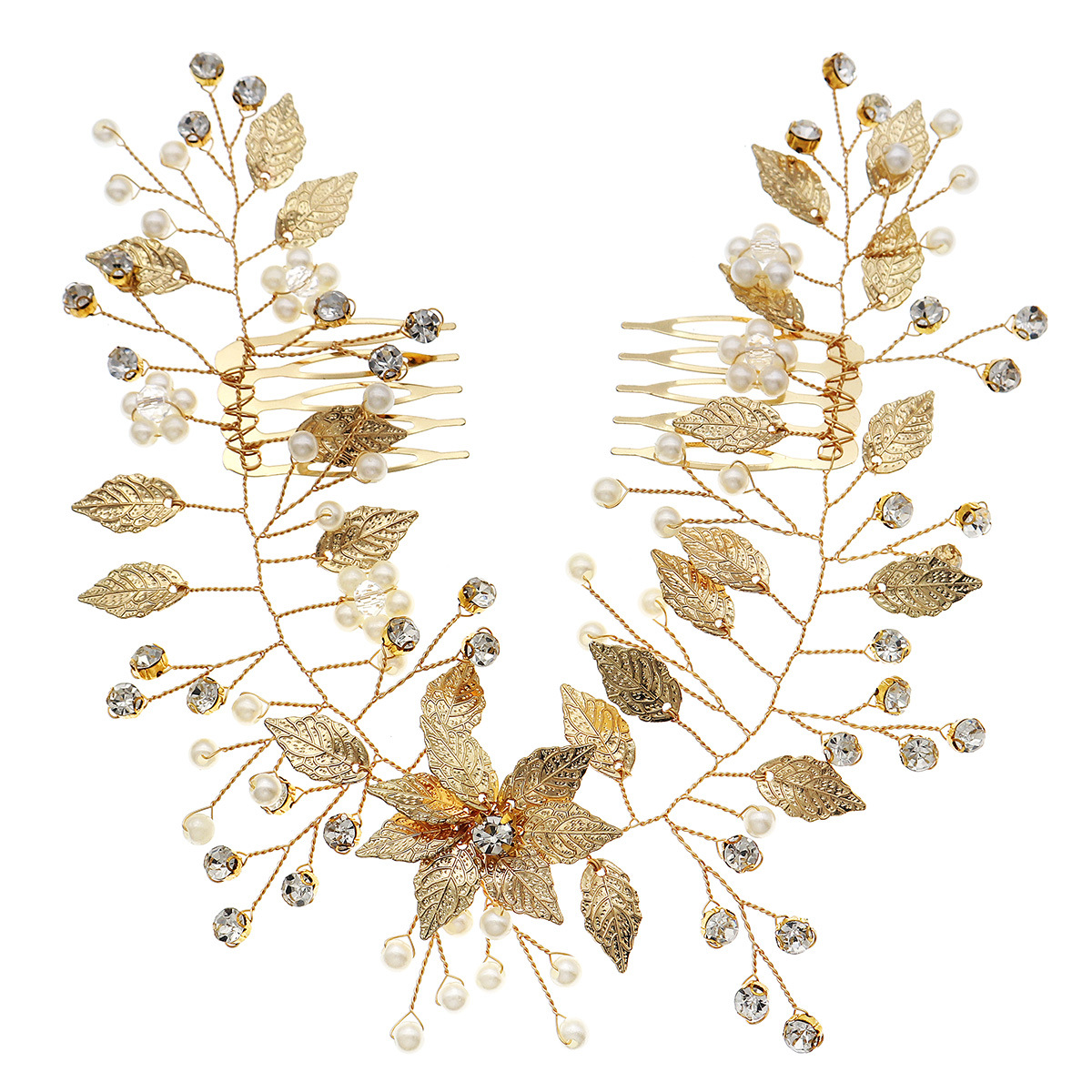 European and American bride accessories, rhinestone alloy leaf pair combs, wedding curls, headwear, hand-beaded golden pearl hair combs Item Picture