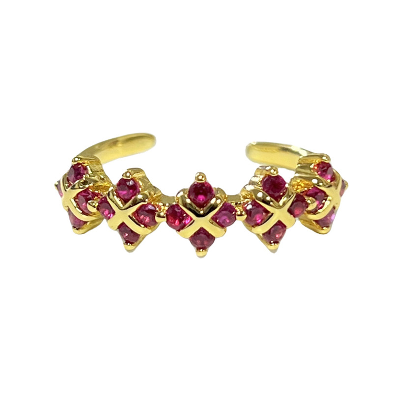A niche, sweet and light luxury flower-shaped rose red zircon open ring, a noble and elegant female heart geometric brushed index finger ring Item Picture