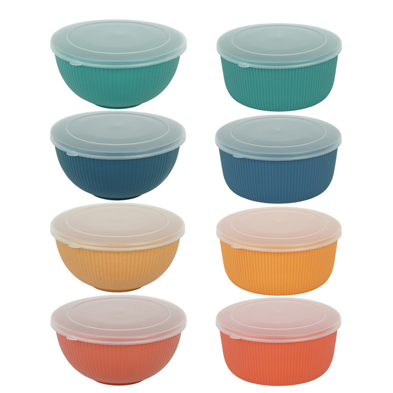 Cross-border vertical pattern 15cm plastic bowl with lid, large capacity household wheat soup bowl, student lunch, durable rice bowl wholesale Item Picture