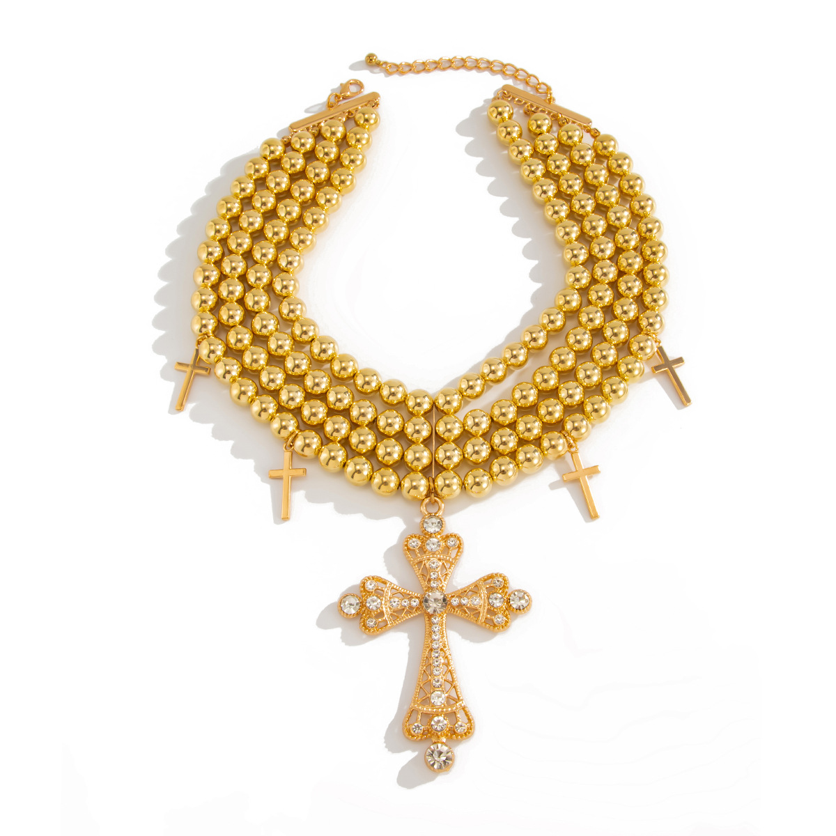 A multi-layered diamond cross necklace with a European and American light luxury style, featuring an exaggerated and unique charm. CCB round bead necklace Item Picture