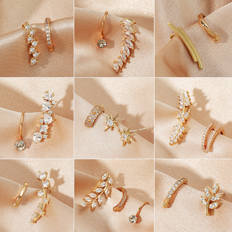 New alloy star small diamond ear clip for women, leaf flower, golden geometric pearl zircon, no ear hole, ear stud set Specification drawing