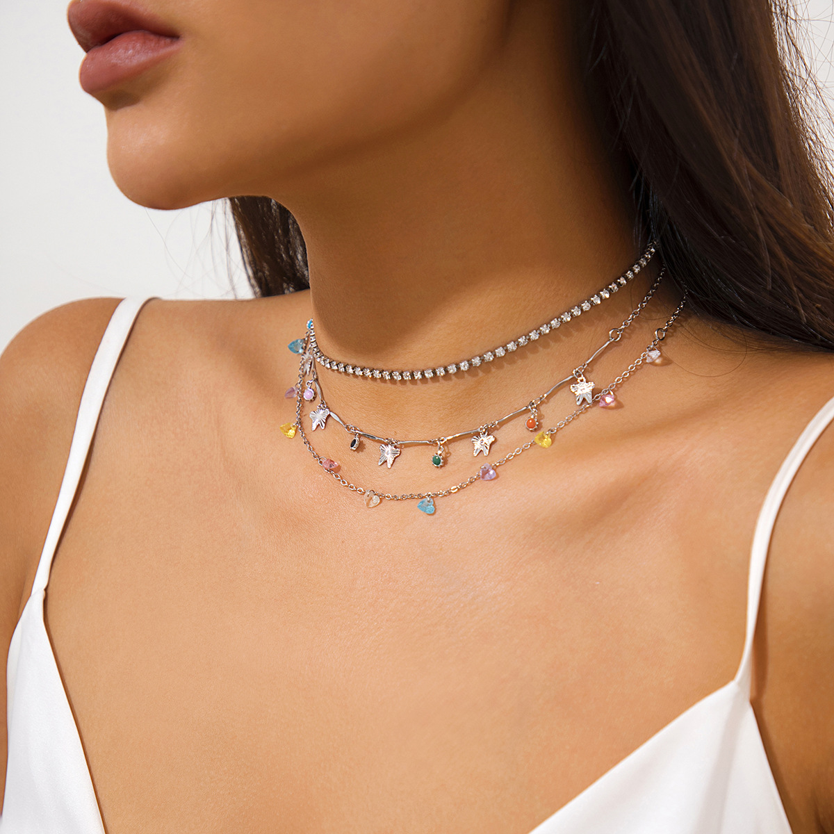 European and American cross-border jewelry, simple layering fine chain star and moon necklace, colorful crushed stone ethnic pendant tassel necklace full figure
