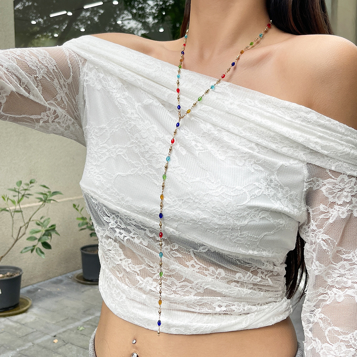European and American cross-border jewelry, fashionable tassel Y-shaped chain necklace, simple multi-layer oil-dripping beaded collarbone chain for women Specification drawing