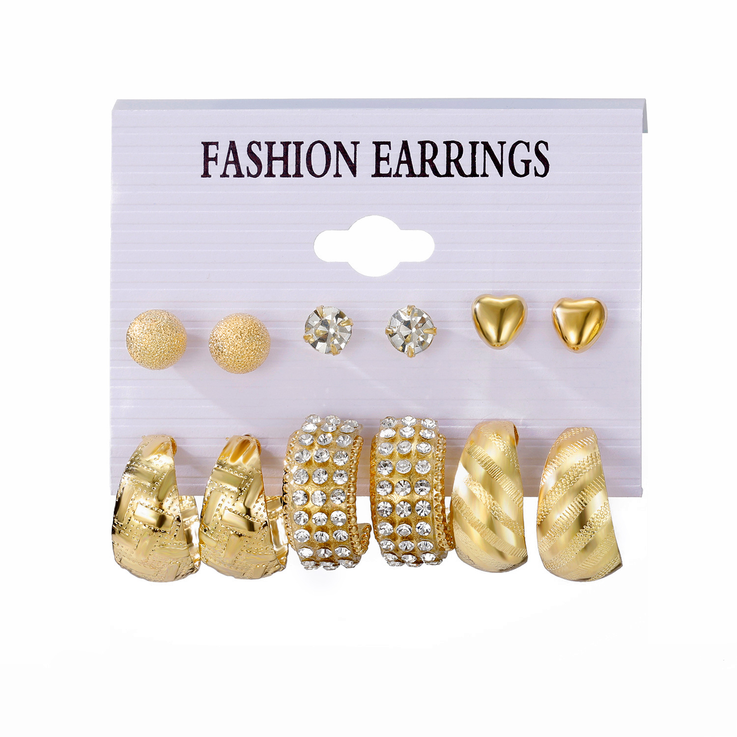 A set of 6-piece cross-border artistic retro geometric hammered pattern earrings from Europe and America, creative heart-shaped diamond-encrusted metal earrings Item Picture