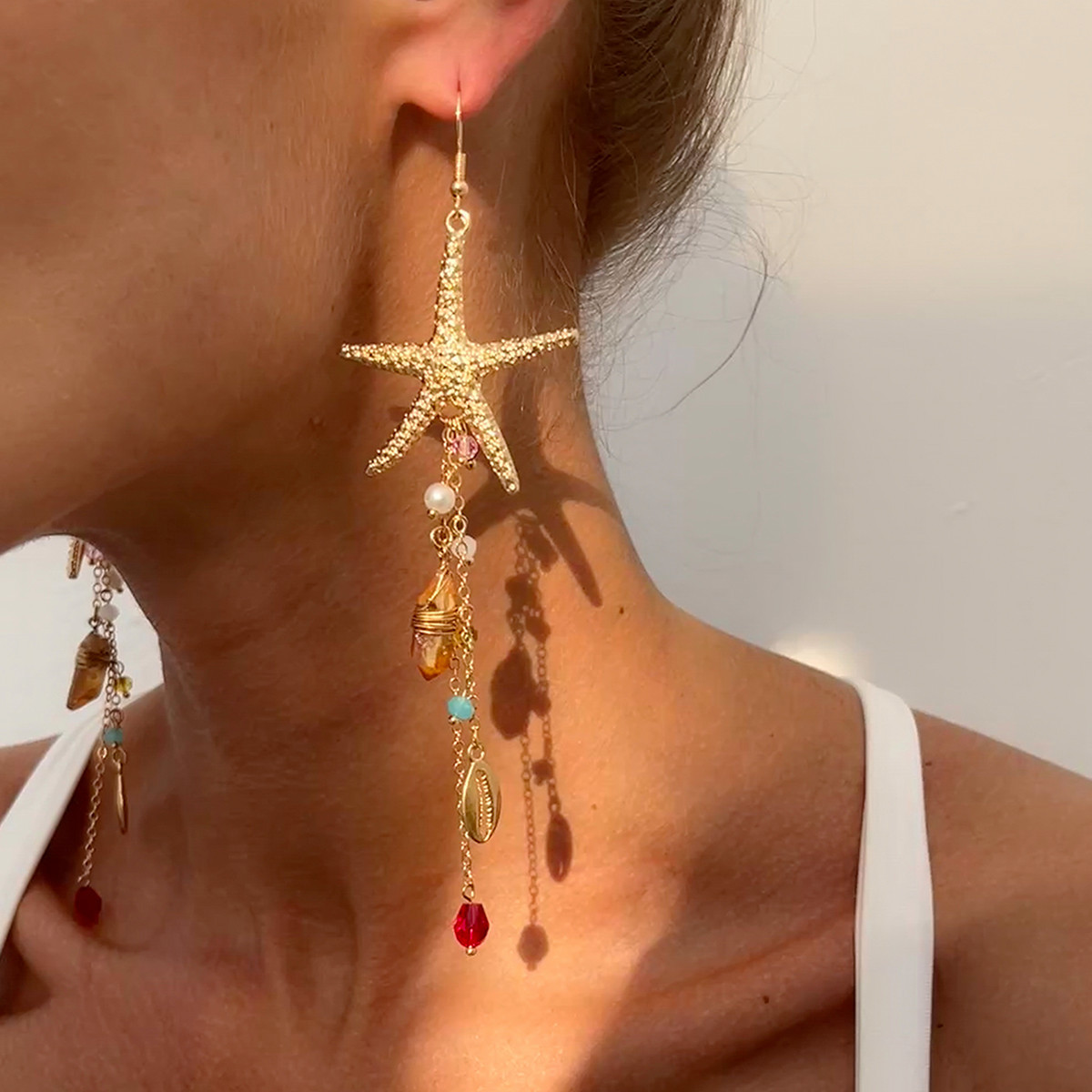 European and American cross-border jewelry beach vacation style starfish shell necklace set, women's fashion sense tassel pendant necklace details Picture