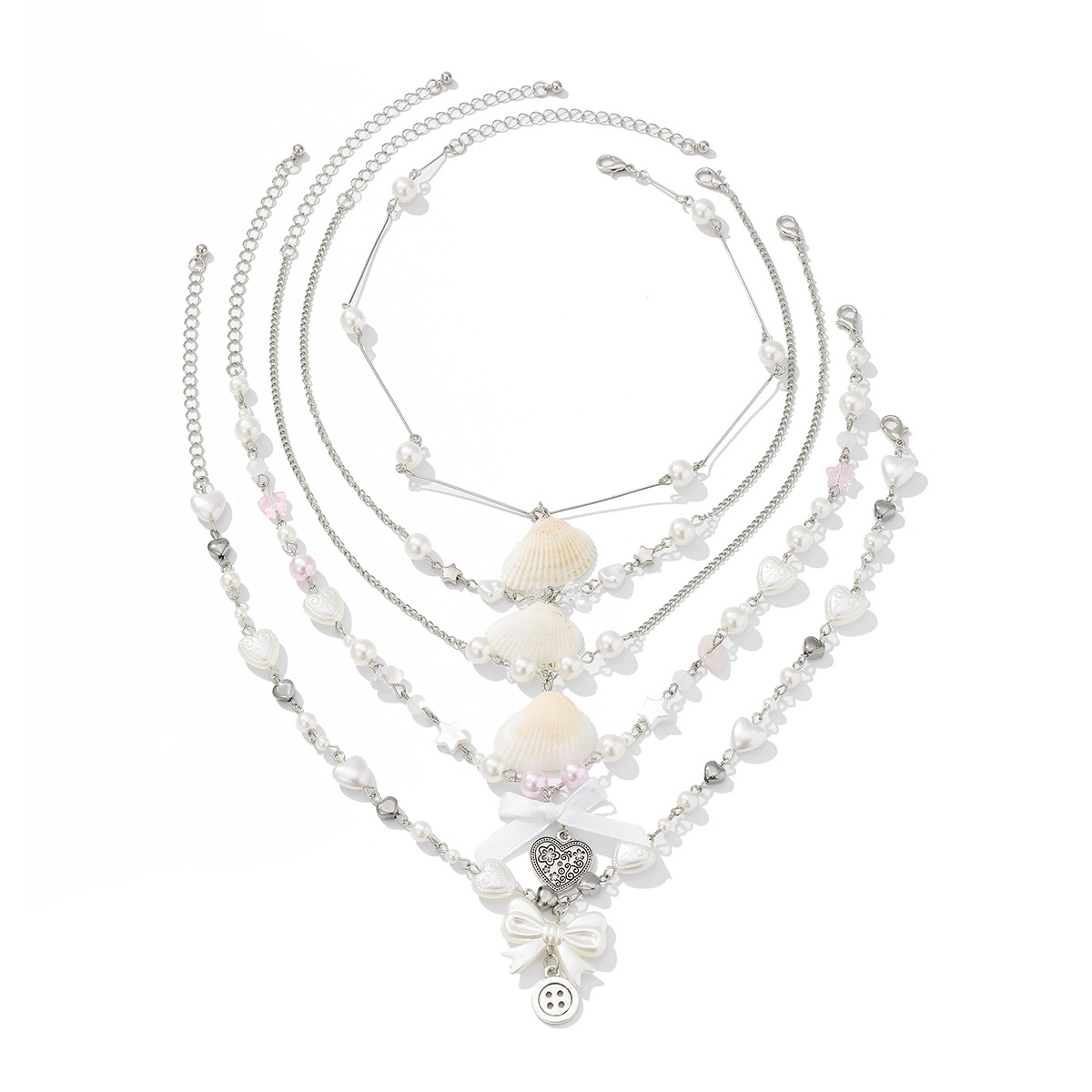 European and American cross-border pastoral ins fresh bow pearl necklace, cute retro coin heart-shaped shell neckpiece Item Picture