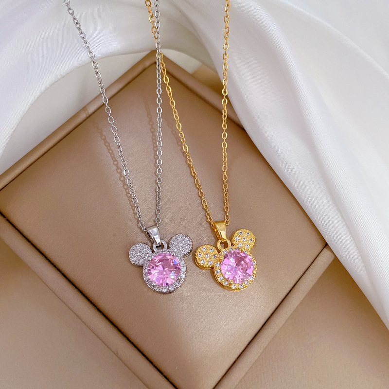 【 Titanium Steel 】 National trend micro-inlaid full diamond Mickey head accessory, live-streamed by Internet celebrity, court style full diamond inlaid luxurious necklace Specification drawing