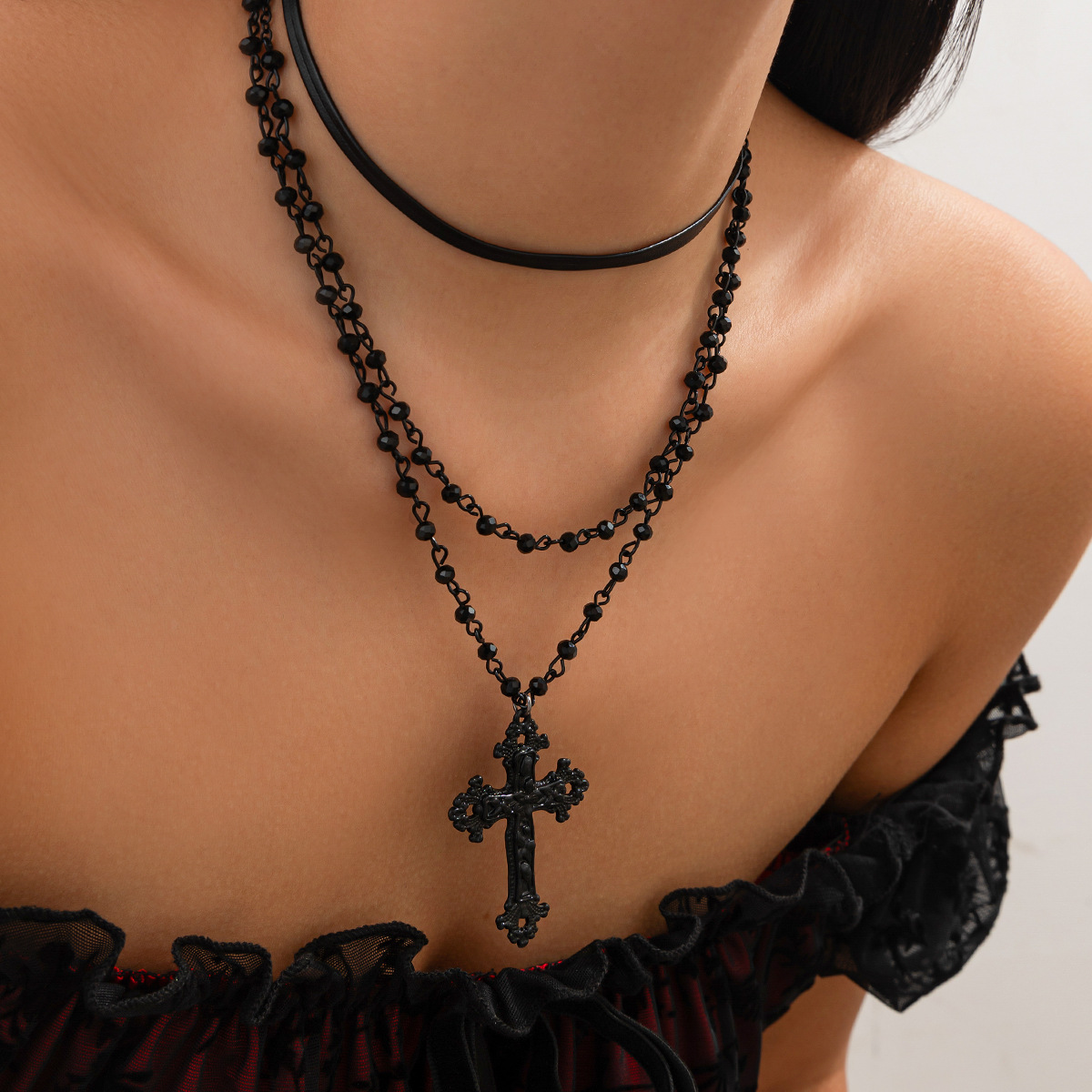 European and American cross-border jewelry Halloween cross pendant crystal necklace Dark style stacked alloy collarbone chain details Picture