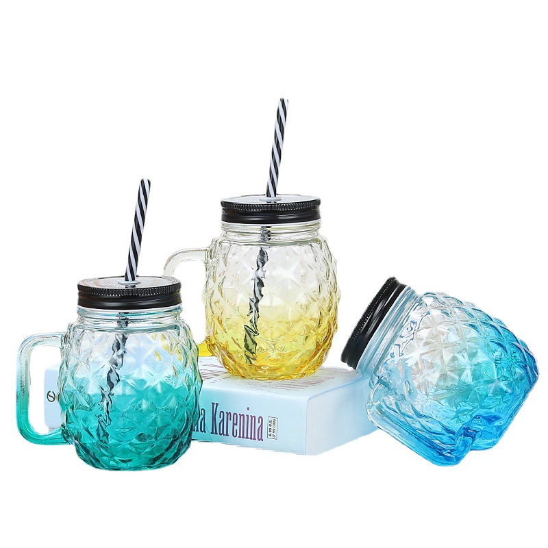 Manufacturer's creative Mason cup, gradient glass cup, beverage pineapple water cup, lid, straw, handle cup Item Picture