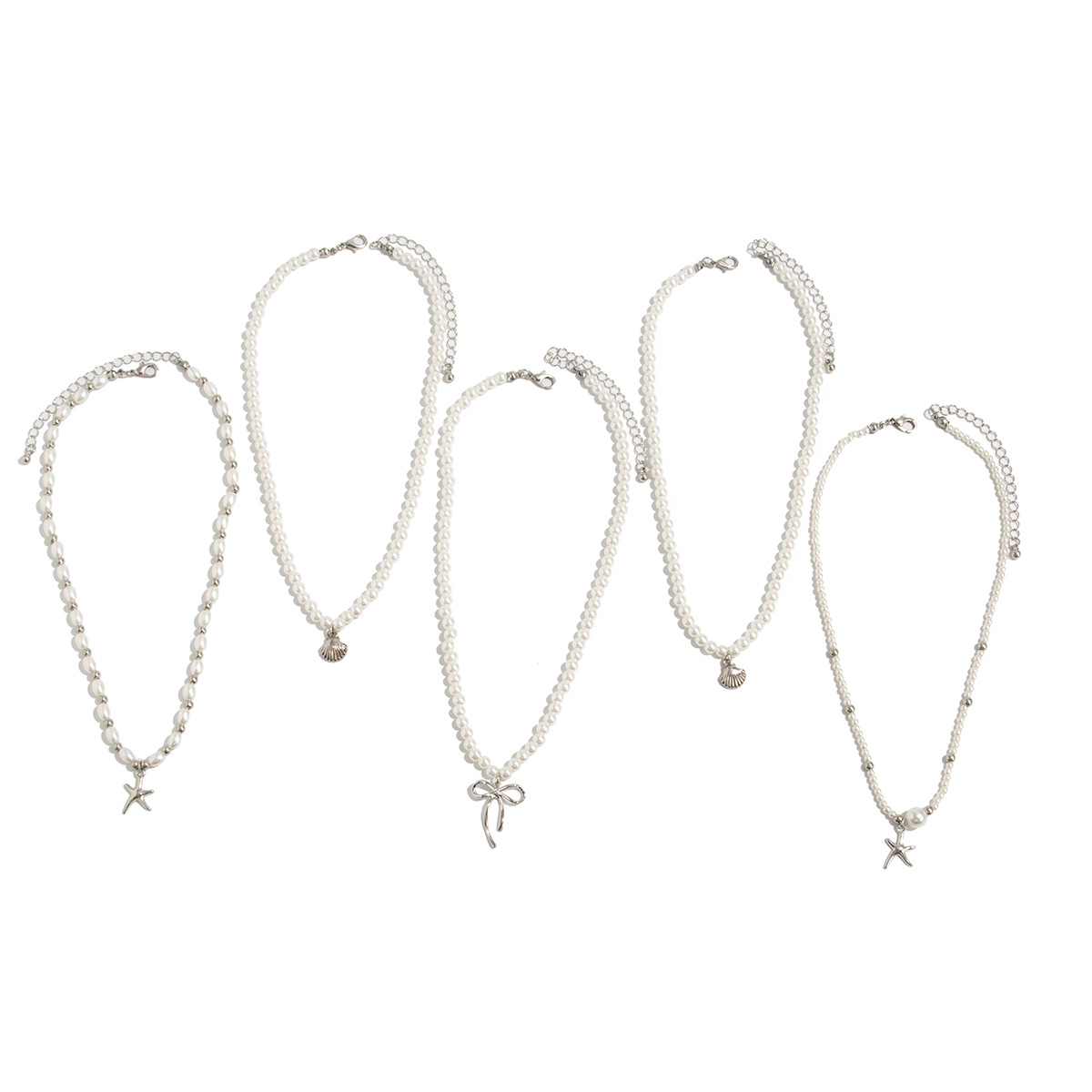 European and American cross-border jewelry, spicy girl style bow starfish pendant necklace, high-end imitation pearl beaded collarbone chain Item Picture