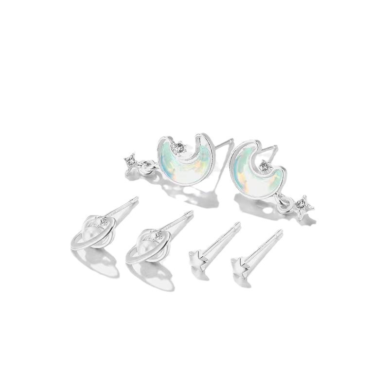 Sweet and cool, dazzling laser aurora moon stud earrings set for women, silver needle, simple and niche star earrings wholesale in Yiwu Item Picture