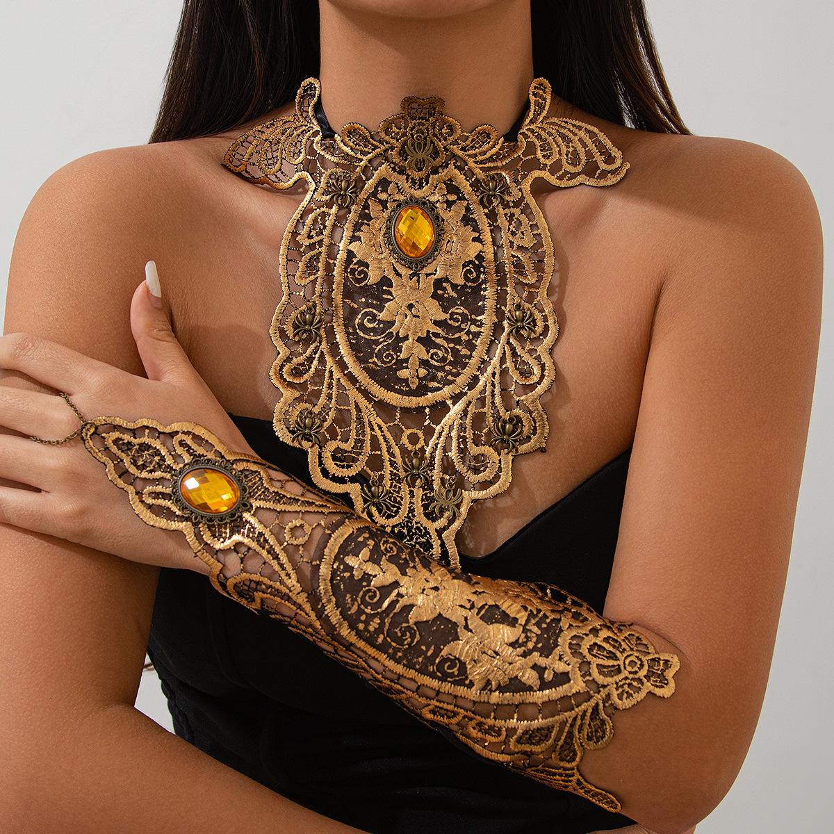 European and American cross-border jewelry, artistic and retro lace trim necklace, irregular gemstone inlaid collarbone chain set full figure