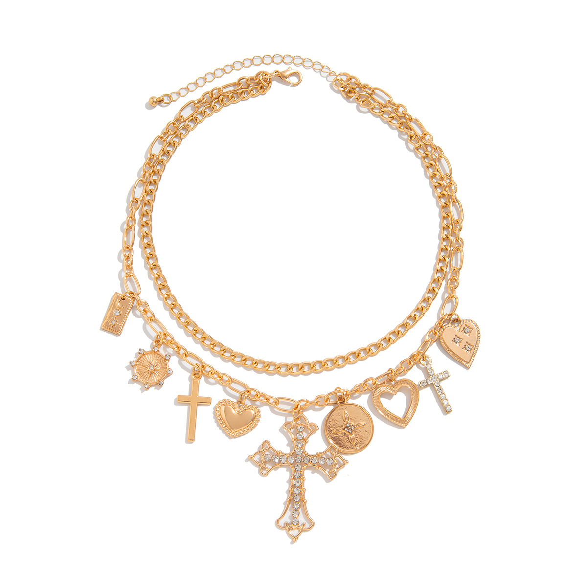 European and American cross-border jewelry hip-hop style diamond-encrusted cross pendant collarbone chain, personalized and versatile heart alloy necklace Item Picture