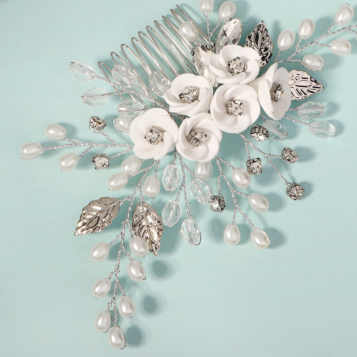 New cross-border handcrafted bride's hair comb, high-end wedding dress, headwear and hair accessories, white soft terracotta flower bride's comb Specification drawing
