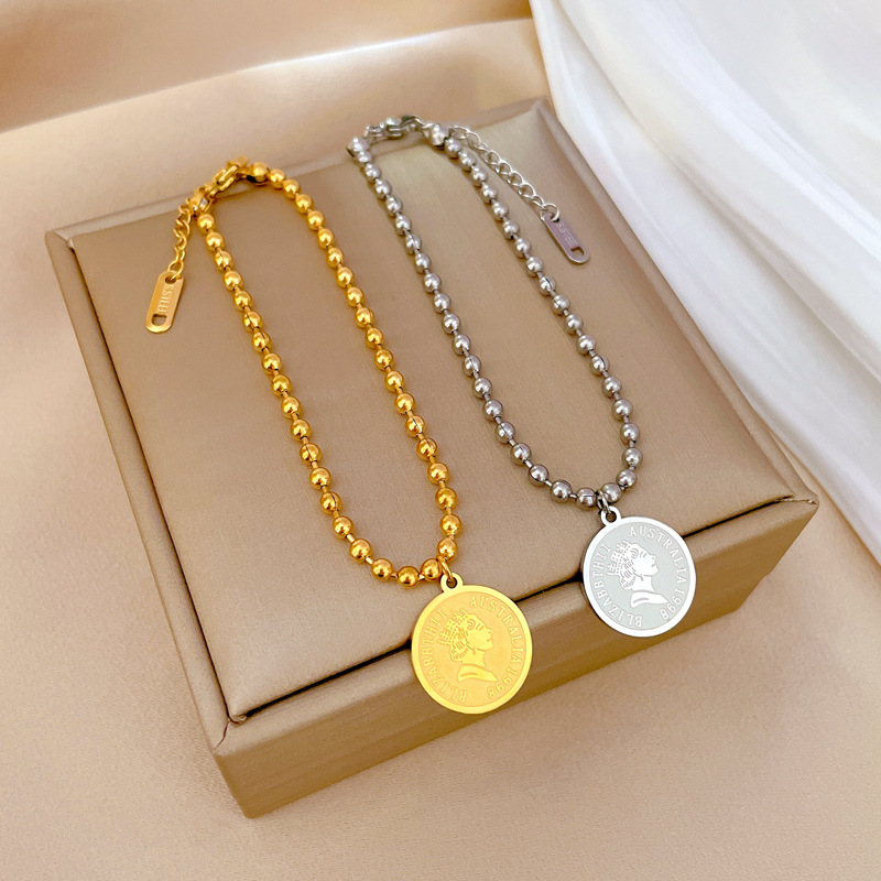 【 All-titanium Steel 】 Round plate head round beads, elegant and lucky minimalist chain bracelet, female Internet celebrity, retro best friend details Picture