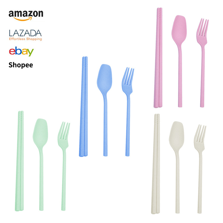 Creative wheat straw tableware set, three-piece outdoor portable tableware, three-piece set of forks, spoons and chopsticks, wholesale from the manufacturer full figure