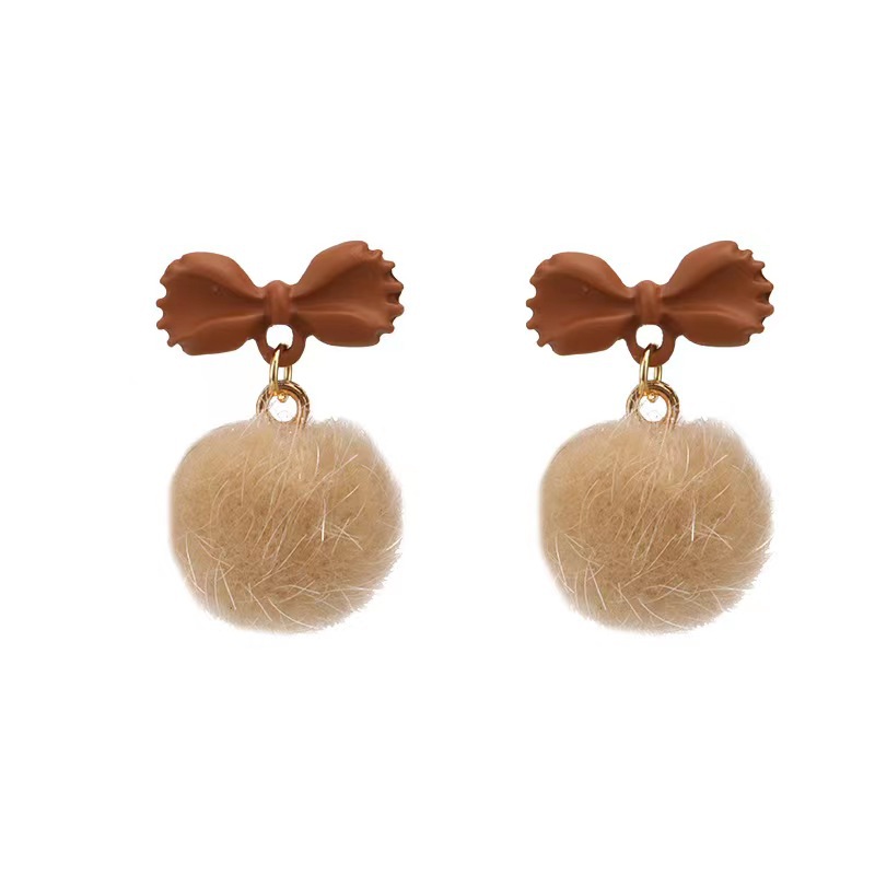 Bowknot mink pom-pom stud earrings for women's 2025 new trendy autumn and winter, plush design sense earrings, high-end and elegant earrings Item Picture