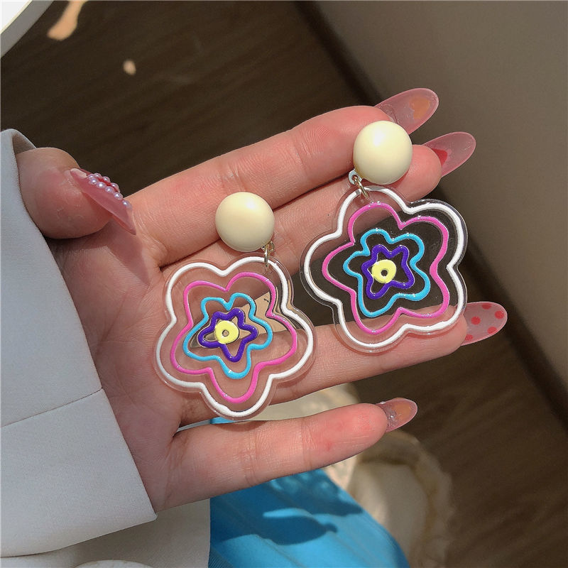 Colorful transparent flower stud earrings ~ins niche design sense spring and summer earrings, versatile color-blocking earrings for women, a trend of Internet celebrities details Picture