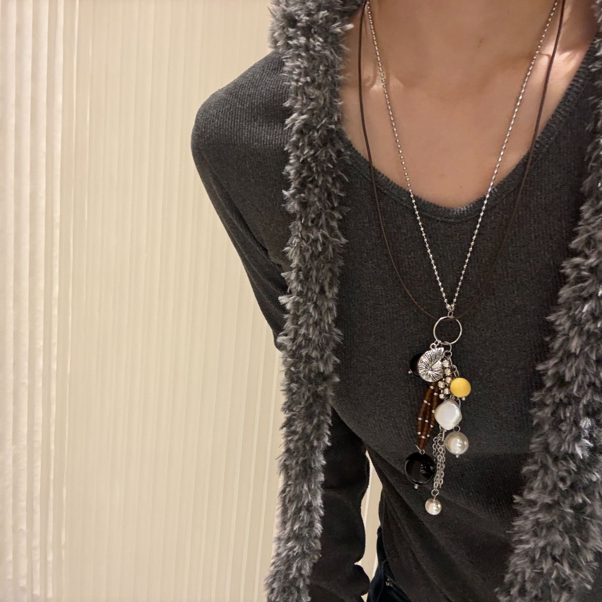 Utopia Series Metal conch tassel long necklace, niche design pearl sweater chain, versatile double-layer necklace full figure