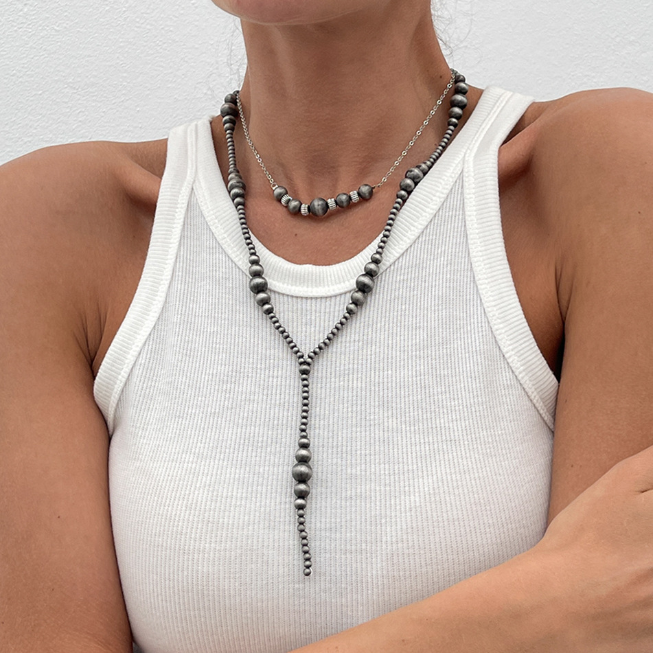 European and American cross-border jewelry, fashionable antique tin brushed beaded Y-shaped necklace, simple geometric multi-layer tassel collarbone chain details Picture