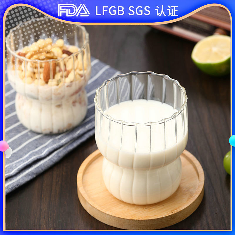 Cute striped chubby cup, creative high borosilicate glass water cup, home oat milk breakfast cup, dessert yogurt cup full figure