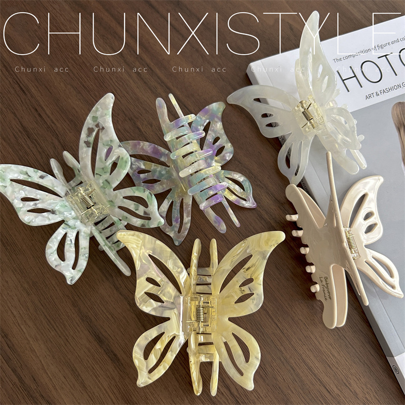 Hollowed-out acetic acid high-quality beige bow shark clip, cream semi-clip hair clip, ins style hair clip Specification drawing
