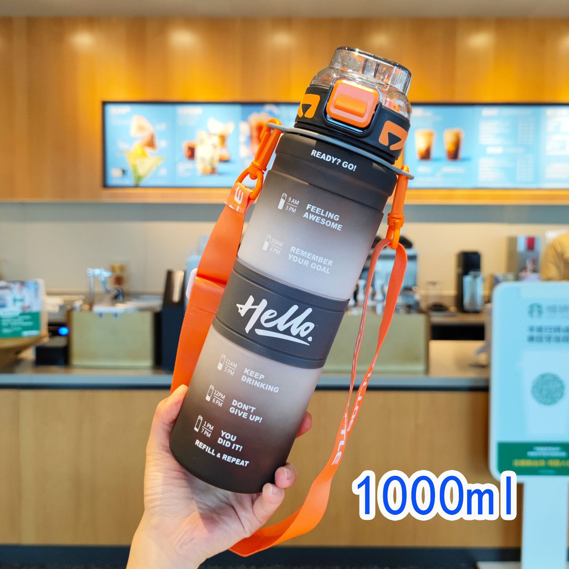 Wholesale 1000ml high appearance level straw cup, plastic water cup, portable shoulder strap straw water bottle, student gradient color water bottle Specification drawing
