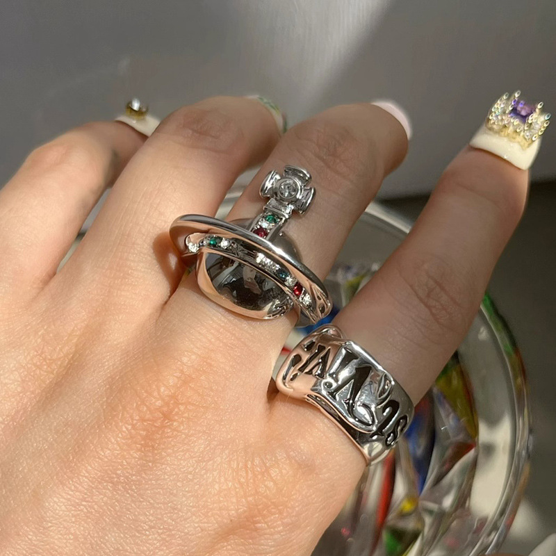 A niche three-dimensional Saturn irregular letter drip glaze open ring for women, gender-neutral retro Instagram trendy personality ring full figure