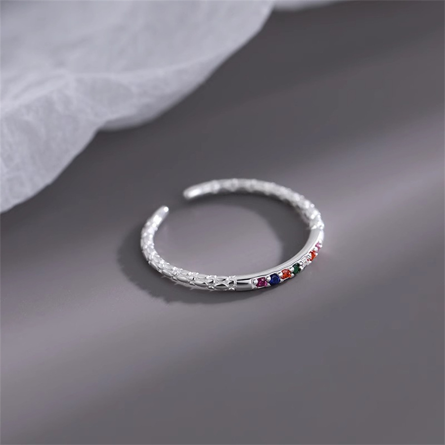 Rainbow fine sparkling diamond ring for women, 925 silver, niche design, light luxury index finger ring, simple ring, versatile open ring tail ring Application Scenario