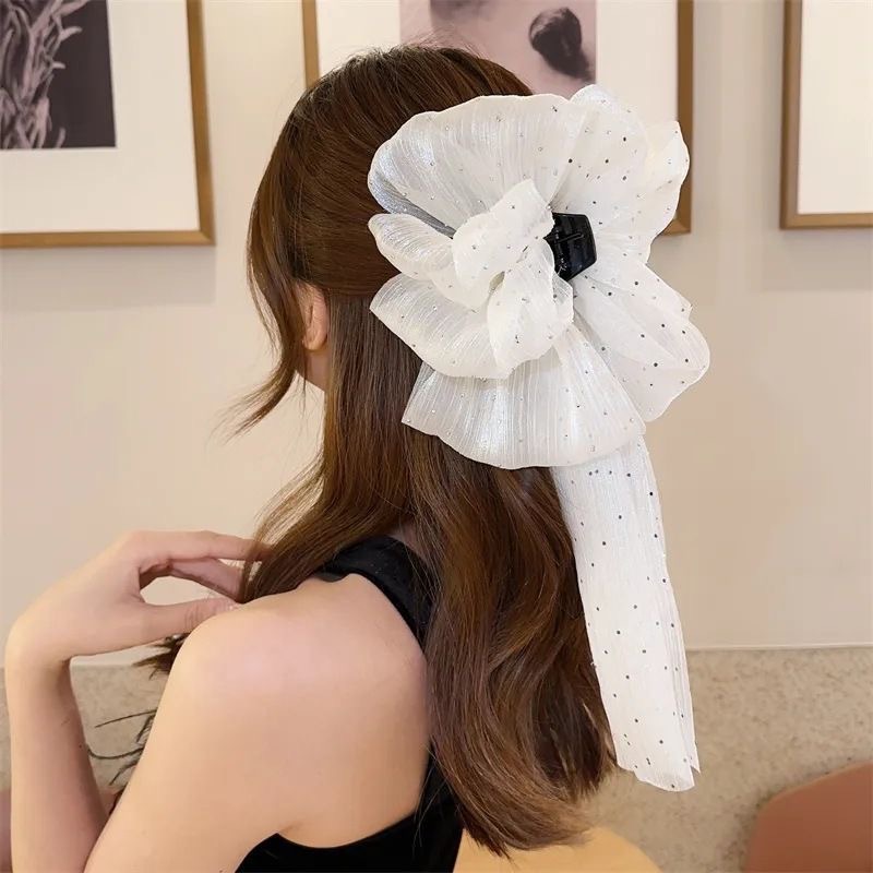 Elegant and stylish ribbon-shaped bow hair clip, new women's mesh fabric starry sky, back head clipper hair clip, headwear clip details Picture