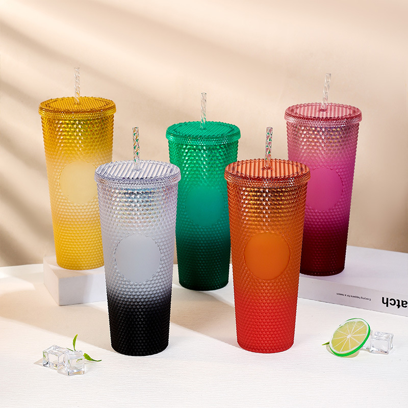 Cross-border best-selling new gradient color durian cup 700ml large-capacity plastic straw cup, drinking cup straw wholesale full figure