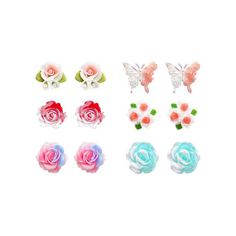 6 pairs of colorful flower-shaped butterfly stud earrings for women, a new bestseller in 2025, exuding a high-end, light luxury and sweet charm Item Picture