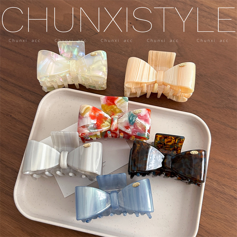 YD's new Internet celebrity double-layer acetic acid bow medium-sized scratch-clip, a niche half-tied shark clip at the back of the head for girls details Picture