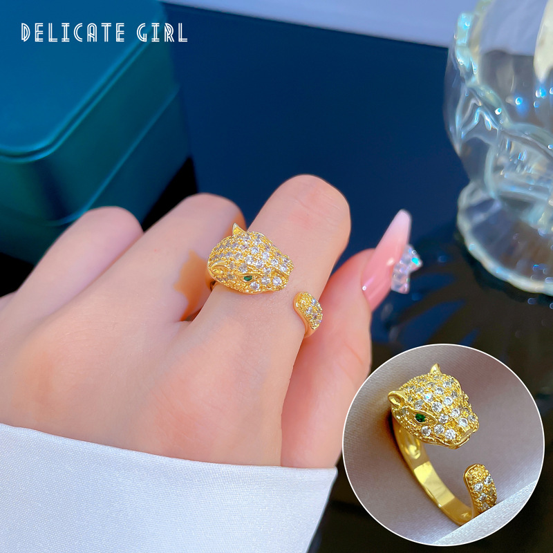 【 Real Gold 】 Heavy Industry leopard head Full diamond ring with adjustable opening, simple jewelry, Japanese-style ring couple rings full figure