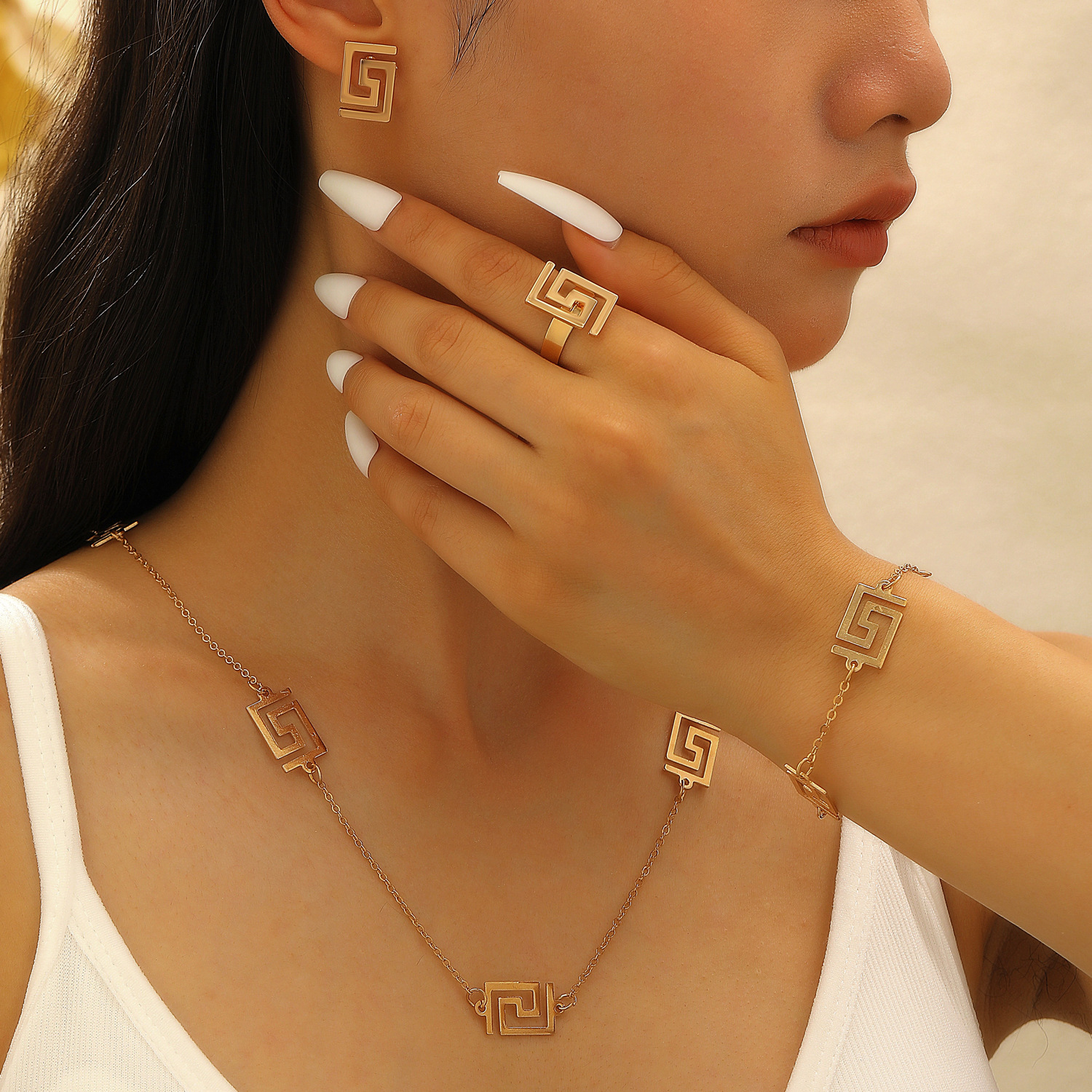 European and American cross-border set of jewelry and accessories, simple hollowed-out geometric rings, stud earrings, bracelets, necklaces, anklets for women details Picture