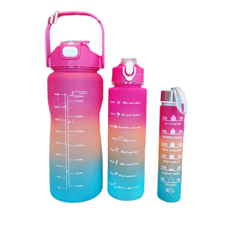 Gradient three-piece set, large capacity straw, PET plastic cup with scale, fitness outdoor, summer sports cold water cup Item Picture