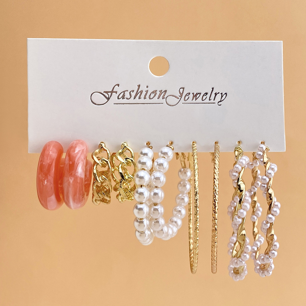Korean jewelry world Cross-border circle ear ring creative retro pearl Earring set 5 pieces acrylic butterfly pendant earrings details Picture