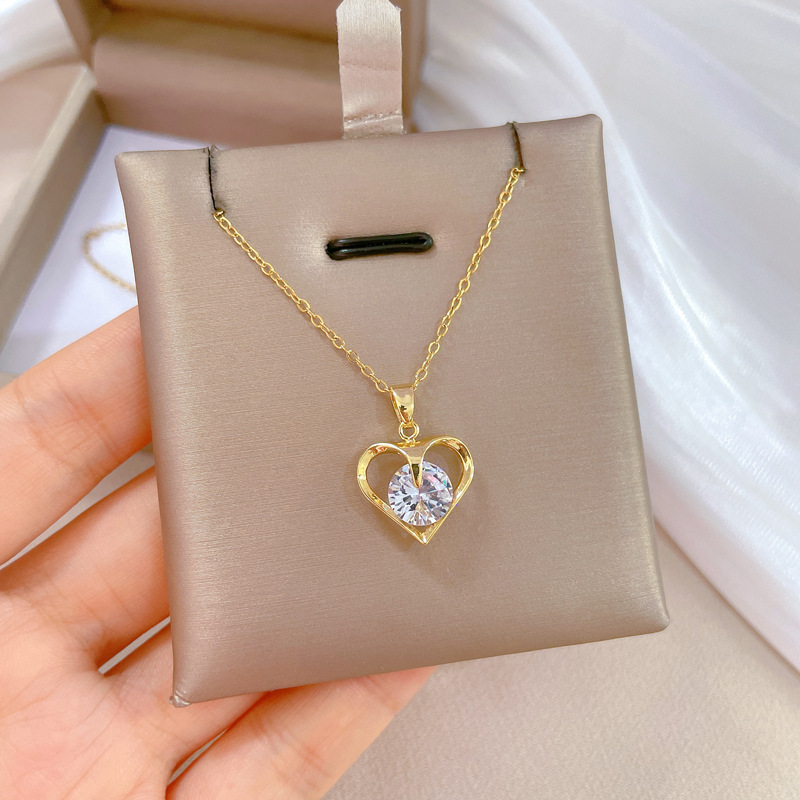 【 Titanium Steel 】 Light luxury style, genuine gold, luxurious heart zircon necklace, versatile collarbone chain for female Internet celebrities, titanium steel chain Specification drawing