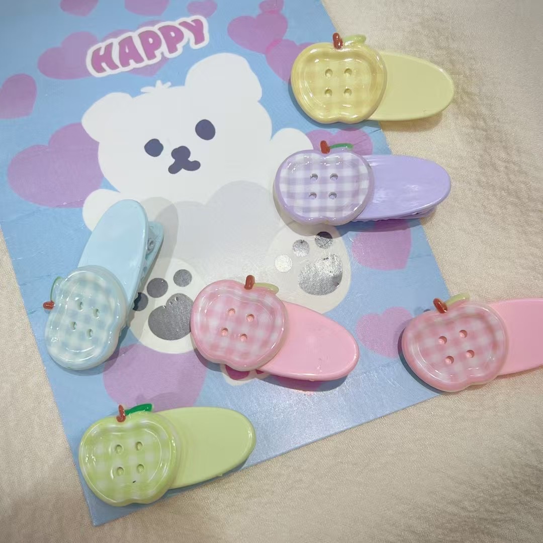 New early spring hair clips with checkered buttons, apple duckbill clips, sweet and cute girl's broken hair bangs clips, and edge clips full figure