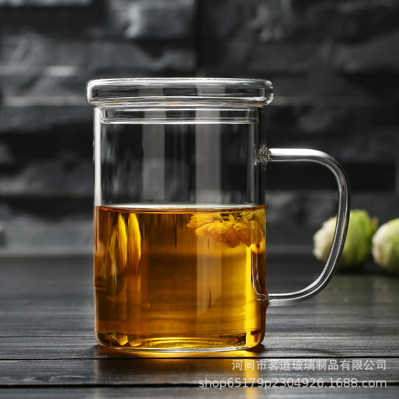Customized high borosilicate transparent glass water cup, tea cup with lid and handle, office coffee cup with lid, simple tea brewing cup details Picture
