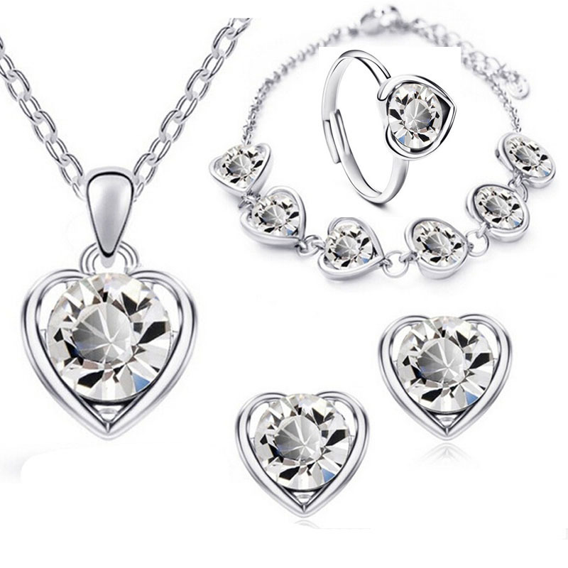 Cross-border best-selling crystal heart-shaped jewelry set, women's personality and temperament heart-to-heart talk necklace, earrings, ring and bracelet four-piece set Item Picture