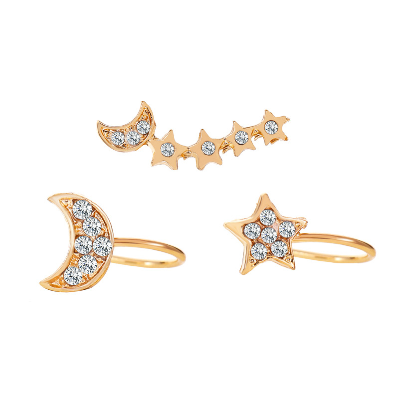 Cross-border bestseller set: no-ear piercing earrings, Full diamond stars and Moon 3-piece set of ear clips, women's cross-border trendy earrings Item Picture