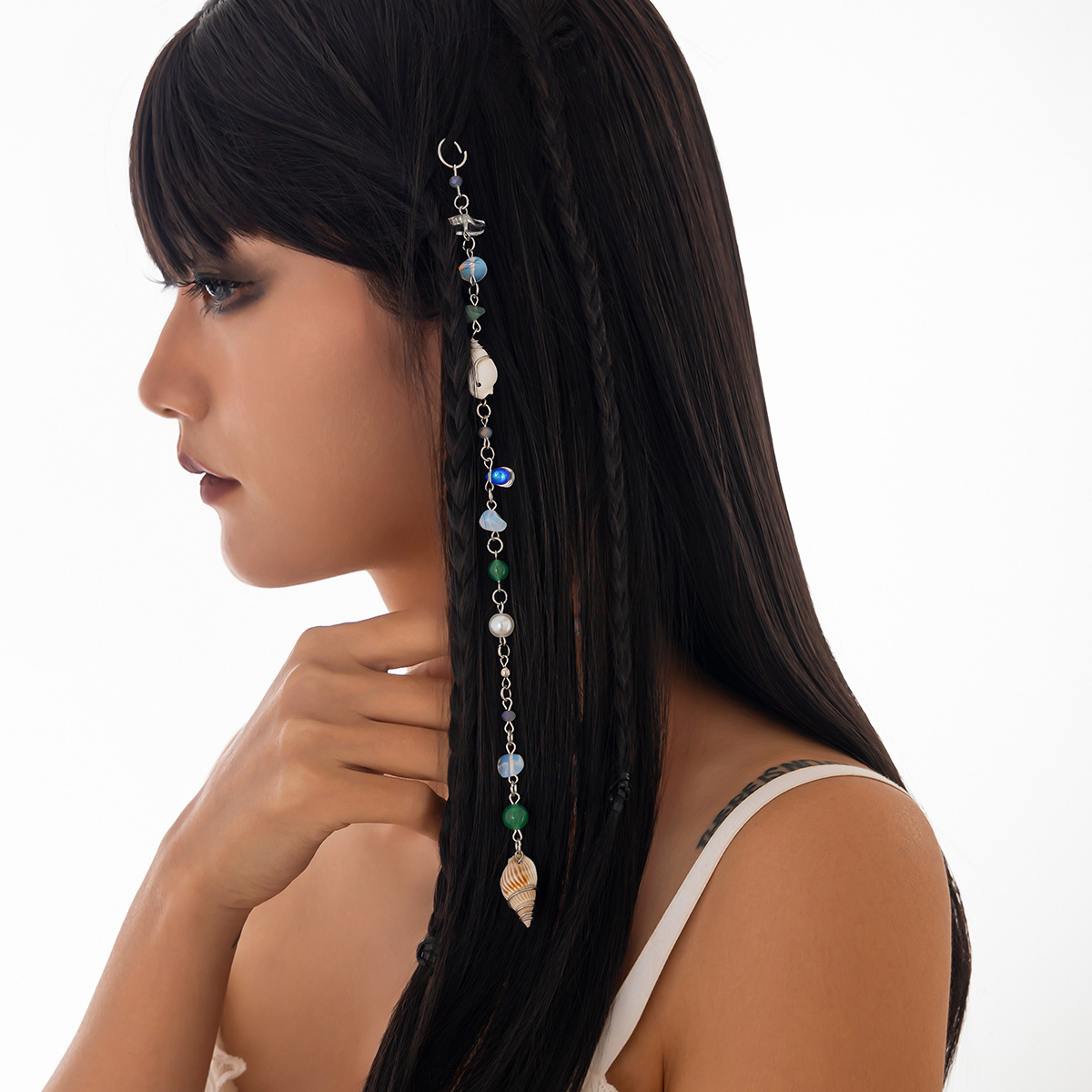 European and American cross-border jewelry, beach conch, crushed stone, tassel hair accessories, shell irregular natural stone, long chain hair accessories Specification drawing