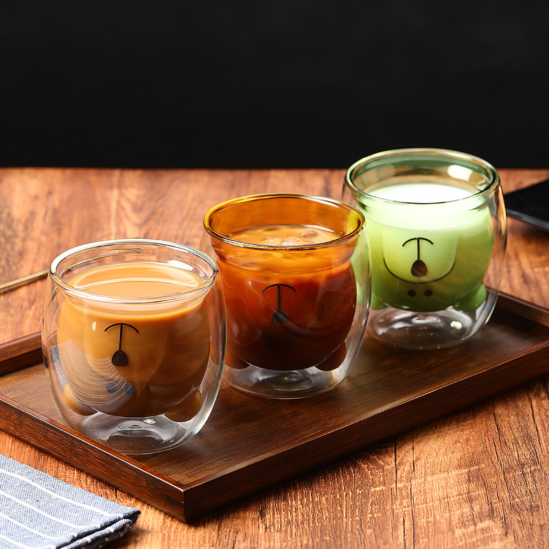 Cartoon bear cup, double-layer glass cup, heat-insulating cute-shaped cup, creative milk cup, coffee cup, breakfast cup, water cup Application Scenario