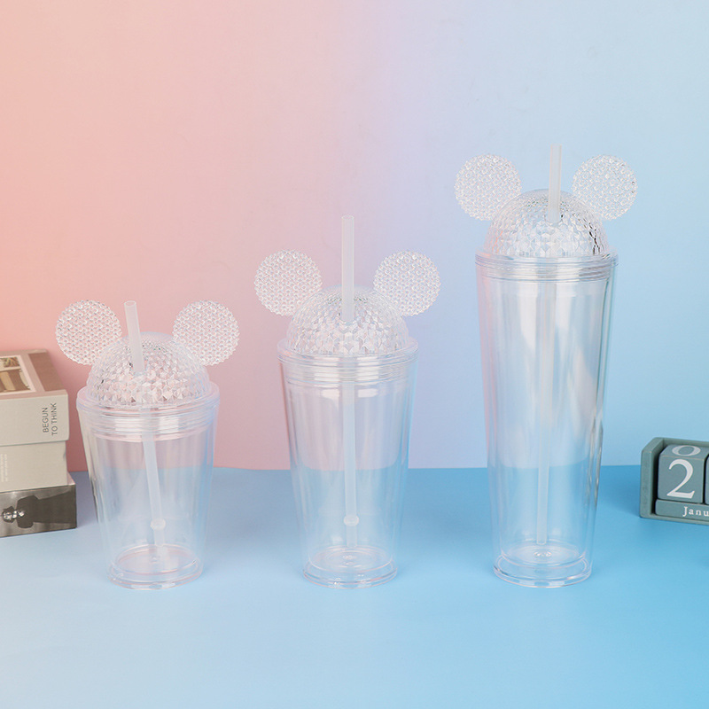 Factory wholesale transparent double-layer straw cups with LIDS, plastic cups, cartoon-shaped cold drink juice cups, and commuter drinking cups full figure
