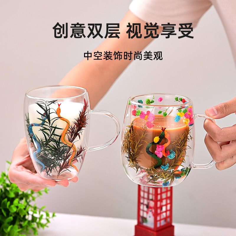 Creative and simple double-layer glass cup, high appearance level, high-temperature resistant, household breakfast cup, souvenir, universal dried flower water cup Specification drawing