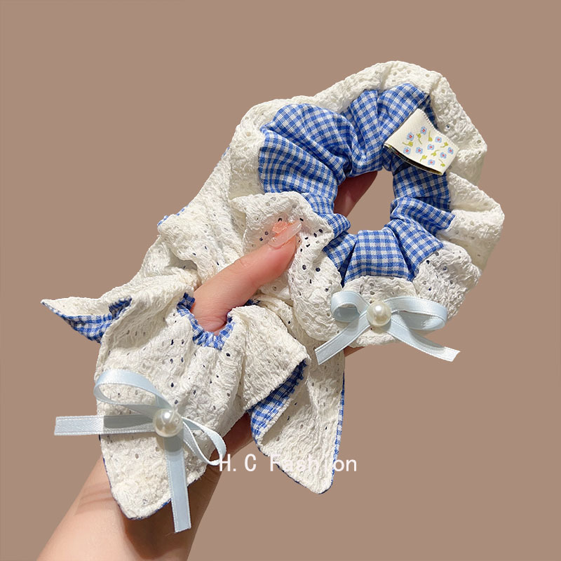 Korean-style blue checkered square scarf, large intestine hair band, women's high-end look, hair tie, bun hairstyle, low ponytail hair tie, hair accessory details Picture